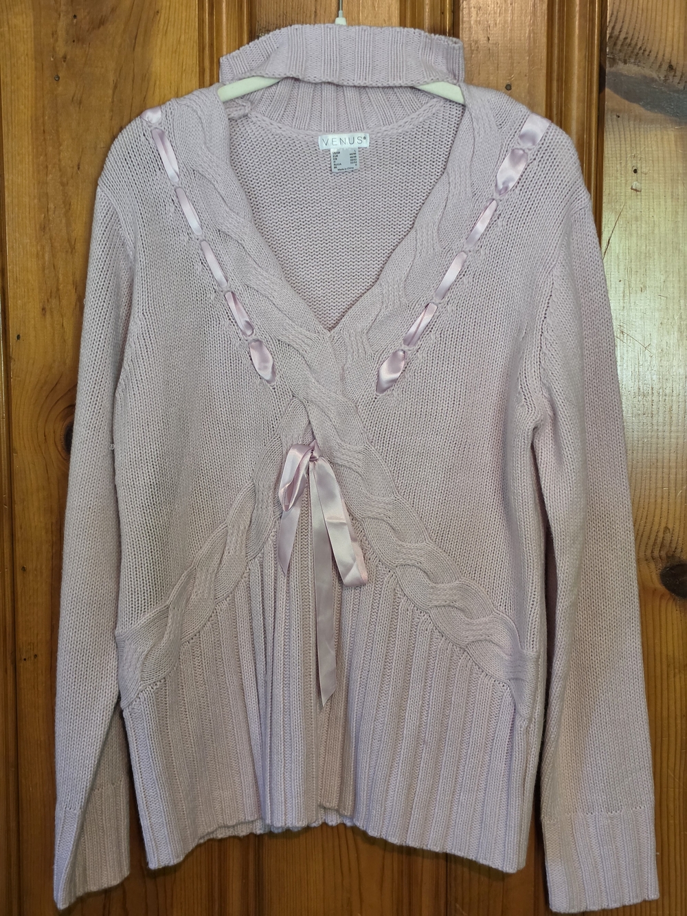 Venus Pale Pink Cable-Detail V-Neck Sweater